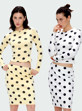 BlingCharm*休闲小圆领修身波点打底上衣半裙显瘦低腰包臀裙套装