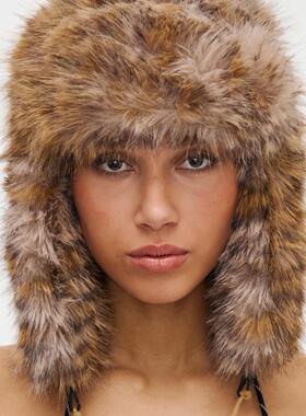 BlingCharm*冬季环保皮草保暖时髦豹纹防寒毛毛护耳帽防风雷锋帽