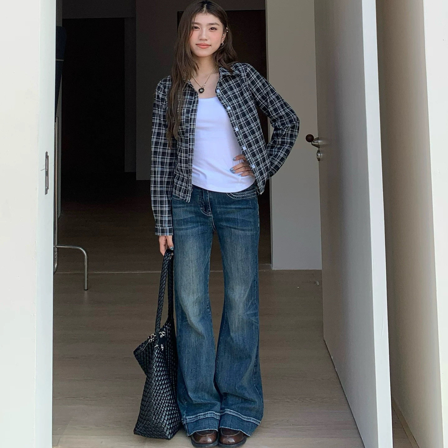 易梦玲明星同款微喇牛仔裤秋冬