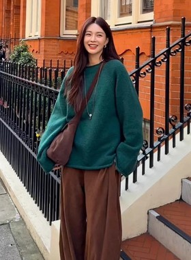 沈梦辰同款绿色圆领大廓型毛衣女2025新款宽松慵懒风休闲针织上衣