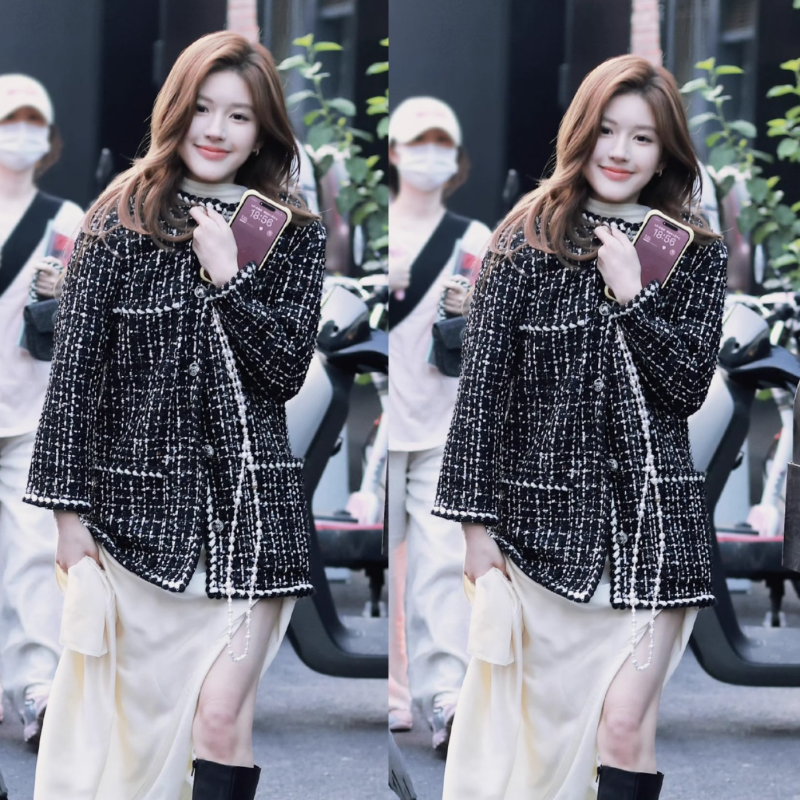 许我耀眼赵露思许妍同款黑色小香风外套粗花呢高级感名媛时尚上衣