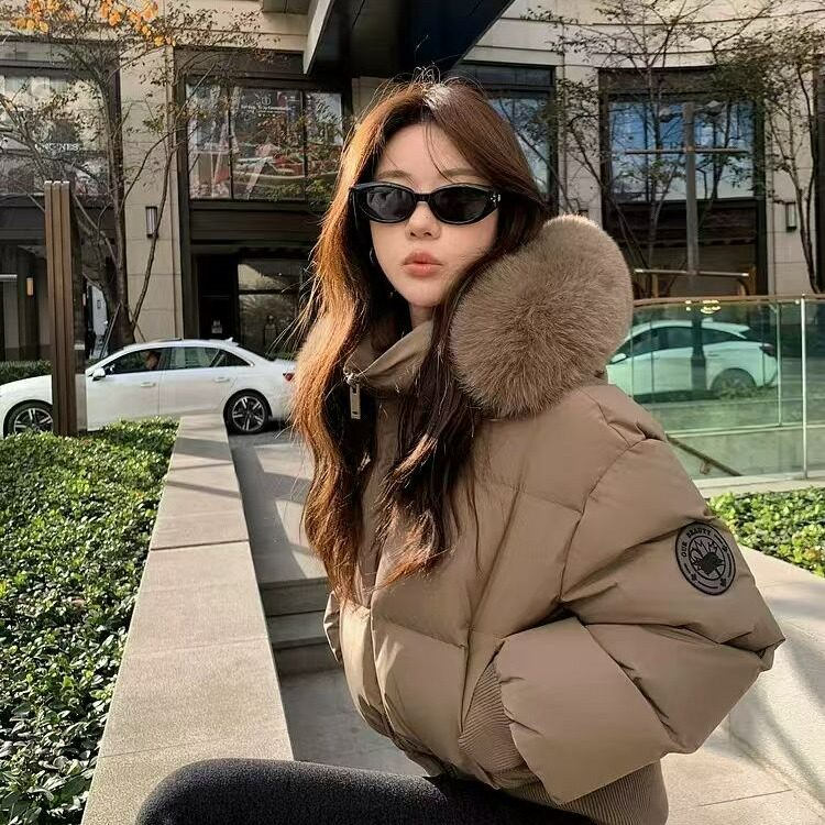张同款女大毛领连帽短款羽绒棉服