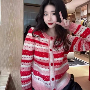 徐艺洋同款 毛衣外套显瘦百搭潮慵懒风 红条纹渐变圆领慵懒针织开衫