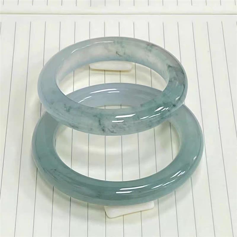 冰种飘花翡翠手镯正品缅甸货天然冰透正圈圆条油青贵妃玉镯子女
