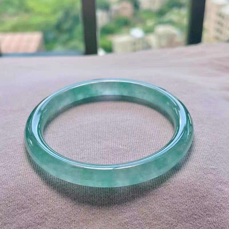 天然缅甸老坑翡翠手镯女冰种油青色飘花美人条圆条玉石手镯子送礼