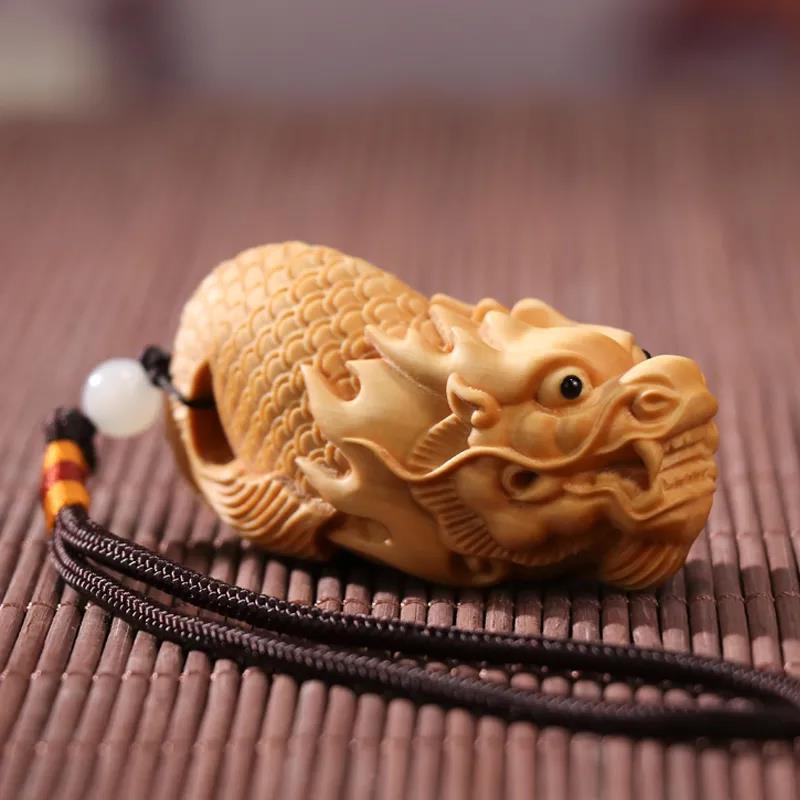 吉祥】黄杨木鱼化龙天然实木雕刻男女士随身盘玩把玩手把件创意收