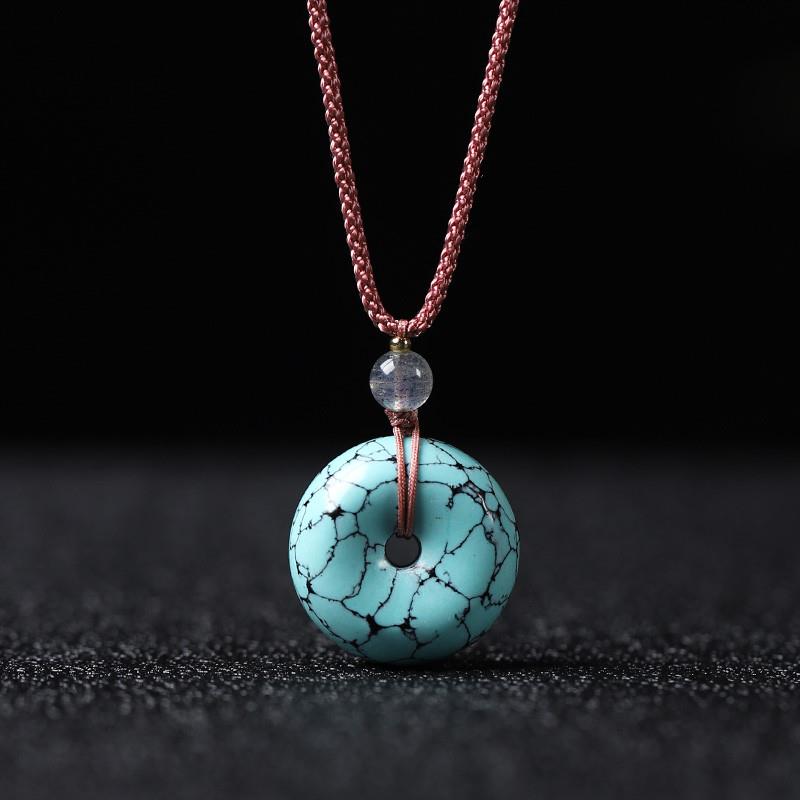 吉祥】湖北高瓷绿松石网花平安扣吊坠伸缩毛衣链锁骨链水草纹散珠