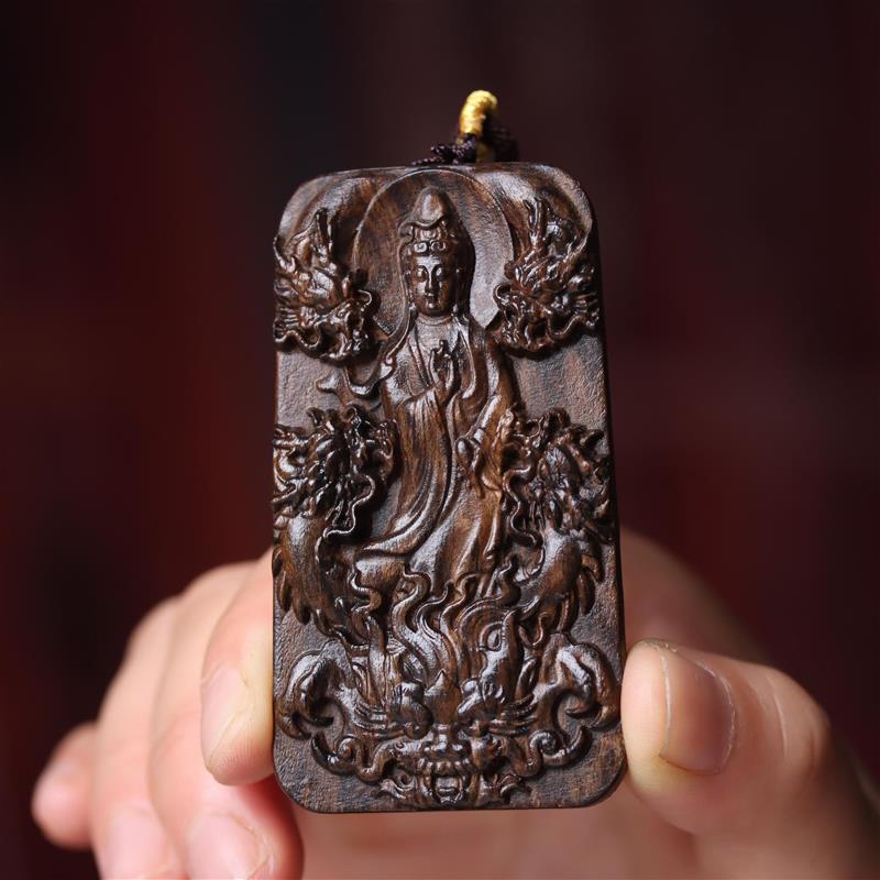 吉祥】沉香木雕刻九龙观音项炼吊坠手把件沉香车挂件观音菩萨佛牌