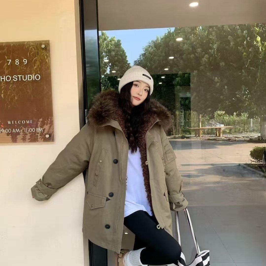 工装风大毛领连帽派克服女冬季新款加厚保暖羽绒服中长款皮草外套