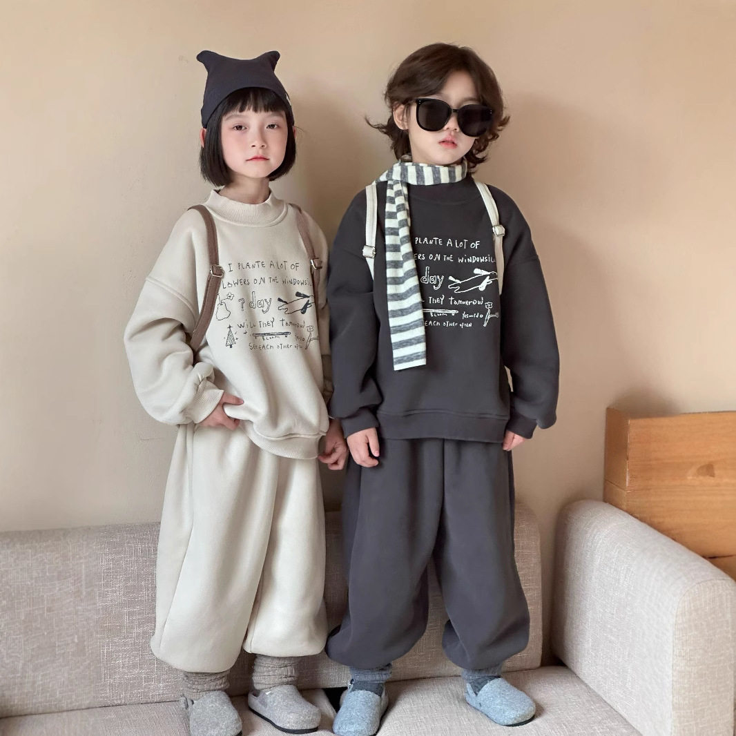 儿童加绒套装2025冬季新款韩版男童印花羊驼绒加厚卫衣卫裤两件套,童装/婴儿装/亲子装,儿童运动套装,淘宝优惠券,粉丝福利购,淘宝优惠卷