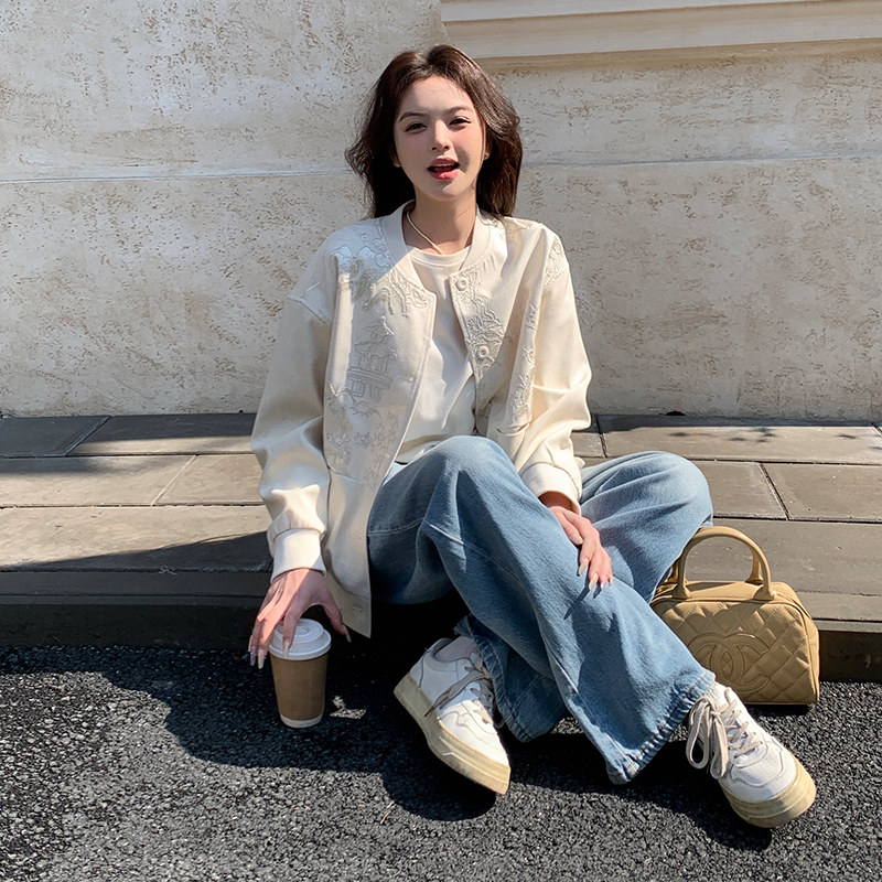 现货重工刺绣棒球服杏色092-2510-P155控228,女装短外套,浙宝092