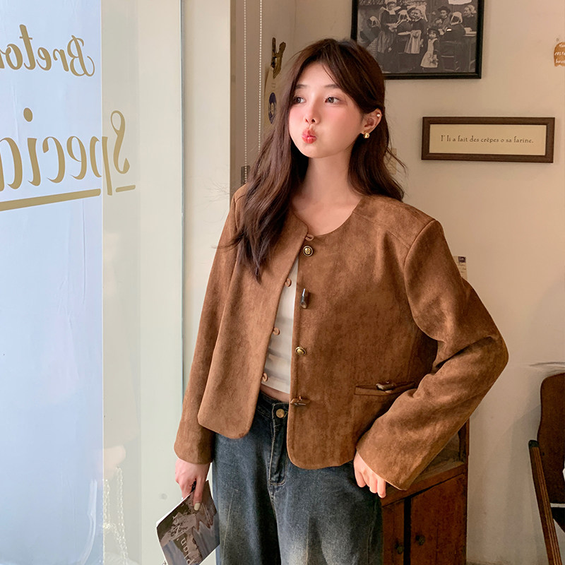 现货092-9220麂皮绒复古感圆领P135K198,女装短外套,浙宝092