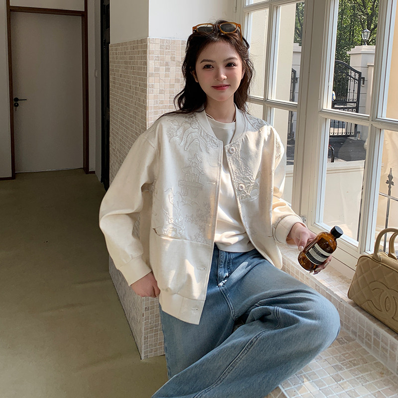 现货重工刺绣棒球服杏色092-2510-P155控228,女装短外套,浙宝092