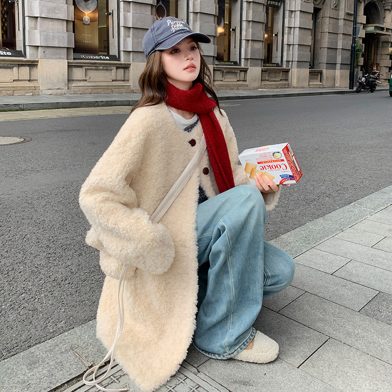 现货092-2550中长款杏色羊羔毛P215控318,女装短外套,浙宝092