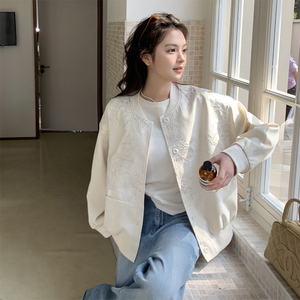 国风盘扣提花棒球服外套女2025春秋季新款新中式显瘦短款夹克上衣图片