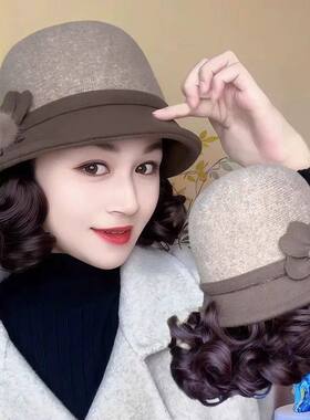假发帽子一体式秋冬加绒保暖渔夫帽女短卷发遮白发妈妈帽优雅礼帽