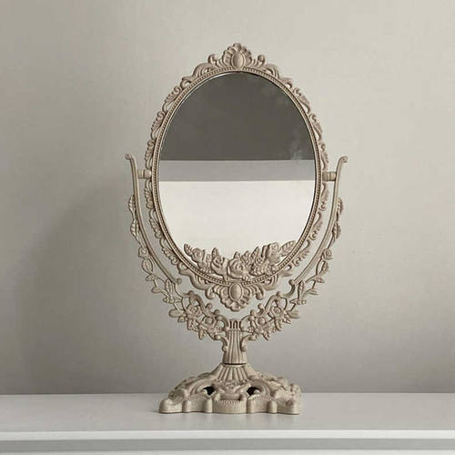 复古镜子化妆镜桌面台式学生宿舍家用便携双面小型立式雕花梳妆镜