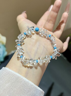 天然水晶淡雅白水晶碎石点缀绿松石小清新手串手链饰品 工厂批发