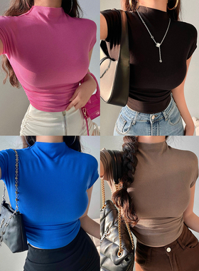 YoungGirlDay 纯欲性感紧身显瘦小高领褶皱短款露脐短袖T恤上衣女