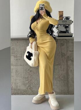 YoungGirlDay纯欲风单排扣修身显瘦大裙摆长袖打底针织连衣裙长裙