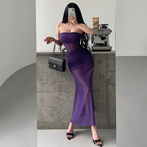 抹胸褶皱网纱包臀鱼尾连衣裙长裙