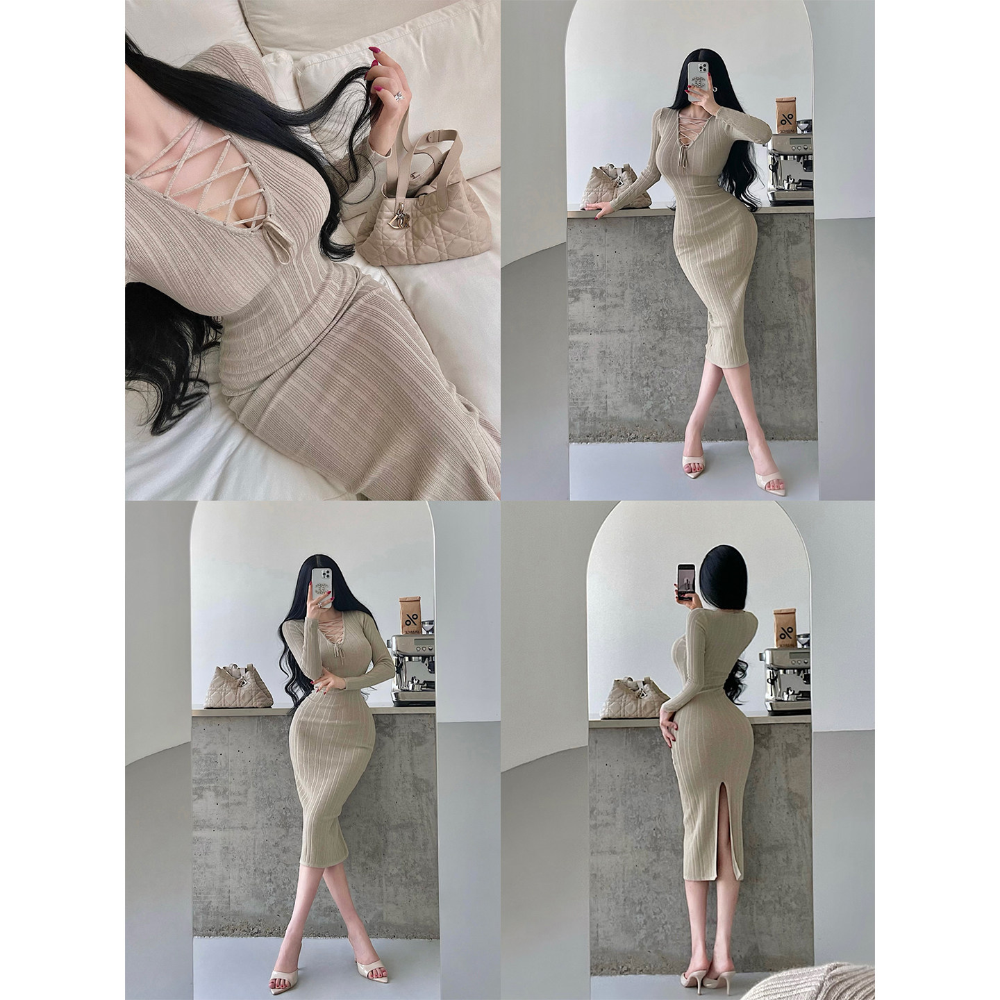 YoungGirlDay纯欲风性感胸前绑带镂空针织后开叉包臀中长款连衣裙
