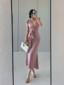 YoungGirlDay纯欲性感绑带收腰紧身显瘦垫肩包臀中长款 鱼尾连衣裙