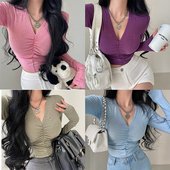 YoungGirlDay纯欲辣妹性感V领修身 打底T恤上衣女 显瘦拼接褶皱长袖