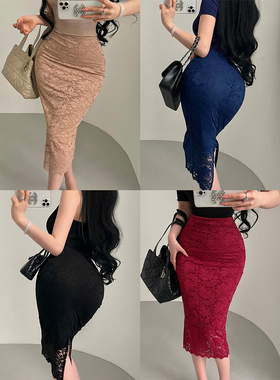 YoungGirlDay江南美人御姐纯欲风高腰后开叉蕾丝包臀中长款半身裙