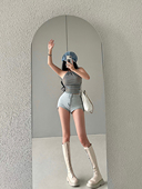 YoungGirlDay辣妹性感高腰显瘦不规则弧形显腿长包臀牛仔短裤 热裤