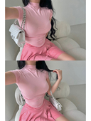 YoungGirlDay 纯欲性感紧身显瘦小高领褶皱弧形下摆短袖 T恤上衣女