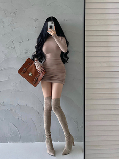 YoungGirlDay纯欲风性感高领紧身显瘦褶皱长袖 打底连衣裙包臀短裙