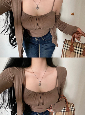 YoungGirlDay纯欲温柔风性感褶皱收腰含胸垫吊带背心长袖开衫套装