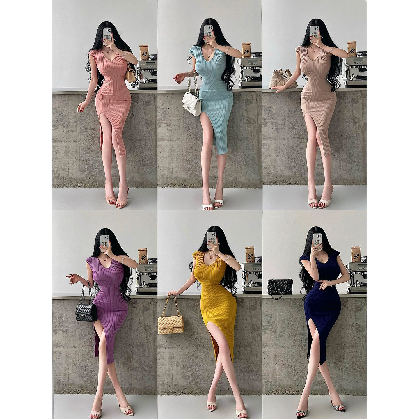 YoungGirlDay 纯欲性感V领修身收腰显瘦针织开叉包臀中长款连衣裙