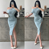 YoungGirlDay纯欲氛围感性感斜肩针织开叉包臀中长款 连衣裙含腰带