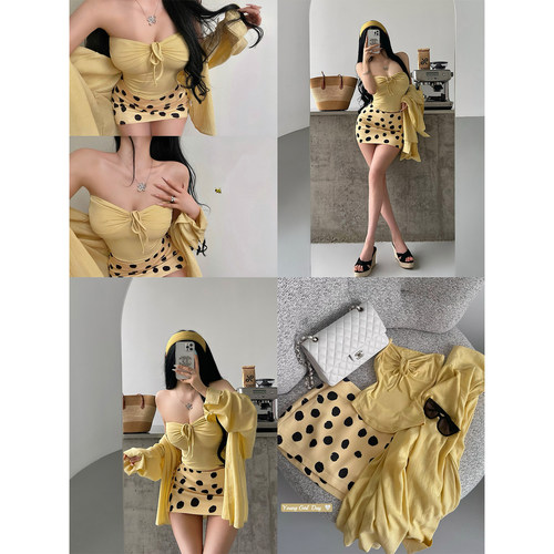 YoungGirlDay纯欲风性感抹胸背心+单排扣衬衫+高腰波点半身裙套装