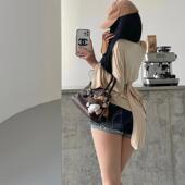 YoungGirlDay 纯欲慵懒风性感斜肩宽松显瘦系带收腰喇叭袖 T恤上衣