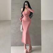 YoungGirlDay纯欲风性感荡领假两件挂脖长袖 包臀中长款 鱼尾连衣裙