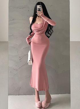 YoungGirlDay纯欲风性感荡领假两件挂脖长袖包臀中长款鱼尾连衣裙