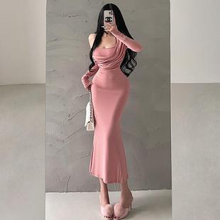 YoungGirlDay纯欲风性感荡领假两件挂脖长袖 鱼尾连衣裙 包臀中长款