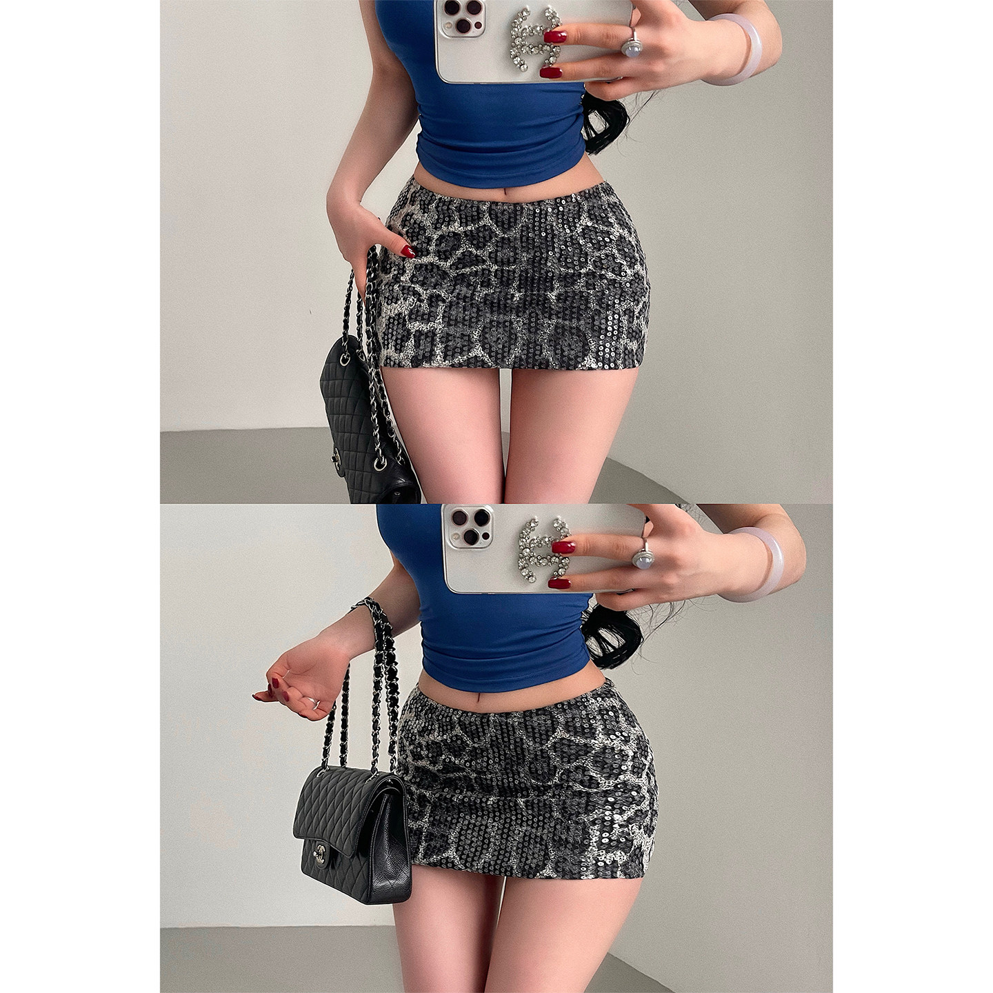 YoungGirlDay辣妹性感时髦闪闪亮片豹纹低腰防走光包臀半身裙短裙