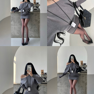 YoungGirlDay慵懒风斜肩宽松长袖 潮 上衣高腰包臀卷边短裙针织套装