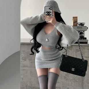 高腰包臀短裙毛绒针织套装 YoungGirlDay纯欲性感吊带背心长袖 开衫