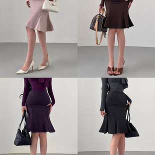 YoungGirlDay纯欲风温柔性感高腰显瘦荷叶边中长款 包臀鱼尾半身裙