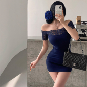 YoungGirlDay 纯欲氛围感性感一字肩蕾丝拼接修身 包臀连衣裙短裙