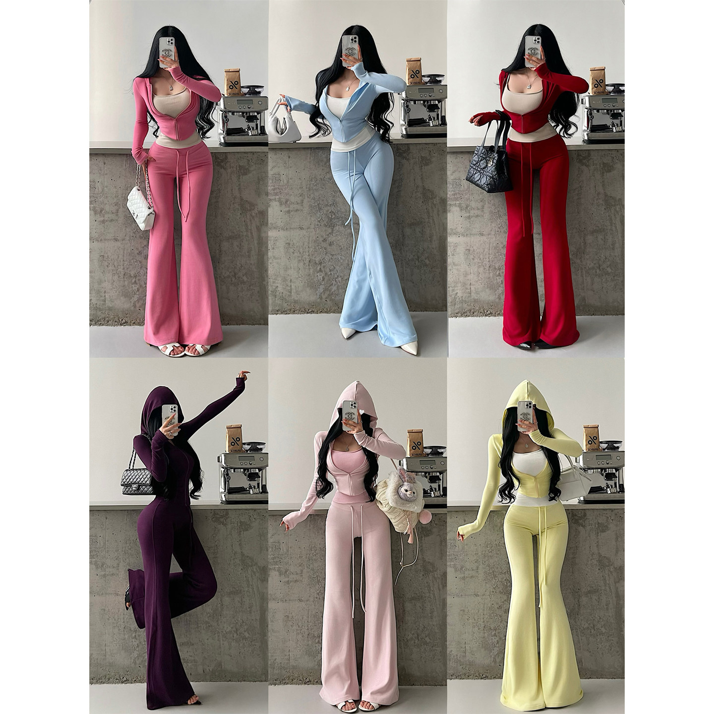 YoungGirlDay【王炸套装】吊带背心连帽拉链外套微喇休闲拖地长裤