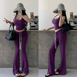 拖地长裤 YoungGirlDay慵懒风低腰抽绳微喇显腿长垂垂裤 休闲瑜伽裤