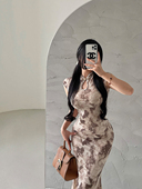 YoungGirlDay新中式 包臀鱼尾连衣裙长裙 国风清冷感蝴蝶印花旗袍式