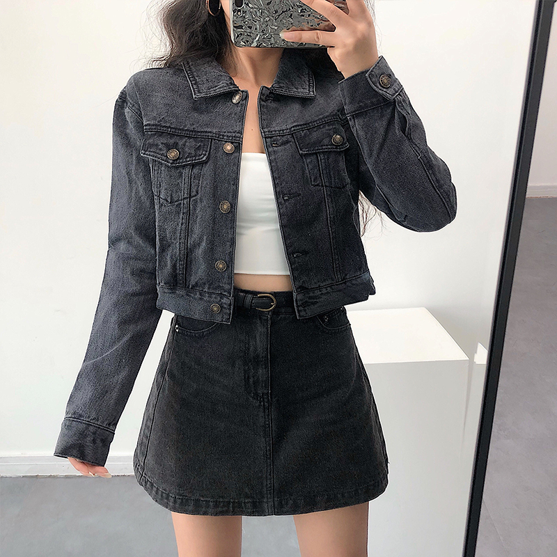 YoungGirlDay 欧美风复古水洗做旧烟灰色修身短款牛仔外套
