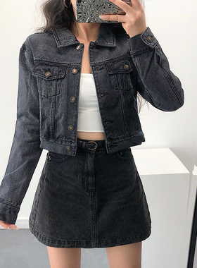 YoungGirlDay 欧美风复古水洗做旧烟灰色修身短款牛仔外套